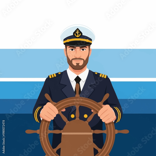 Ship Captain Holding Ships Wheel Steering Nautical Vessel.