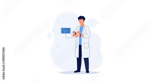 Doctor checking smartwatch with medical data on screen, modern healthcare concept