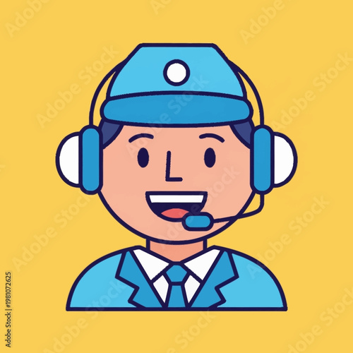 Smiling man wearing headset and cap in cartoon style.
