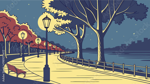 Night City Park Promenade with Glowing Street Lamps, Bench, and River View