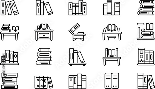 Line drawing icons of books and bookcases for reading and studying  educational resources