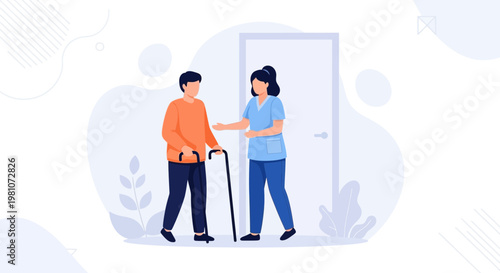 Nurse assisting elderly man with cane, healthcare, home care, medical support, door background