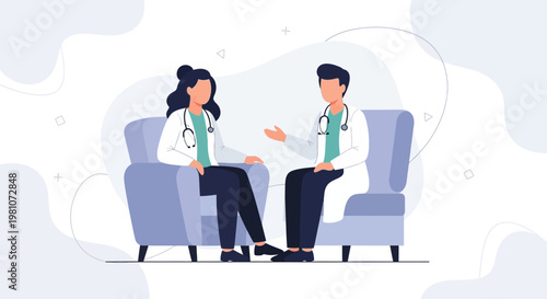 Two doctors in white coats discussing medical cases while sitting on chairs