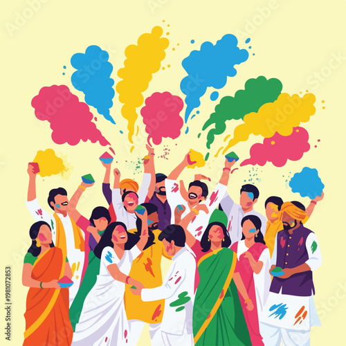 Many diverse people celebrating Holi festival with colorful powder clouds in air