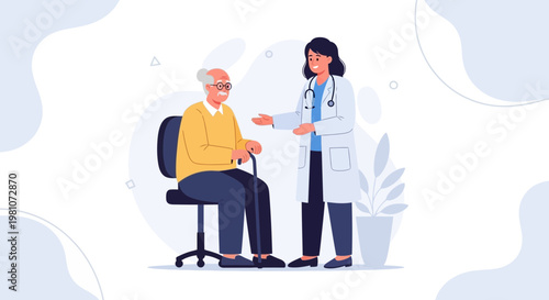 Doctor Consults Elderly Patient With Cane in Medical Office