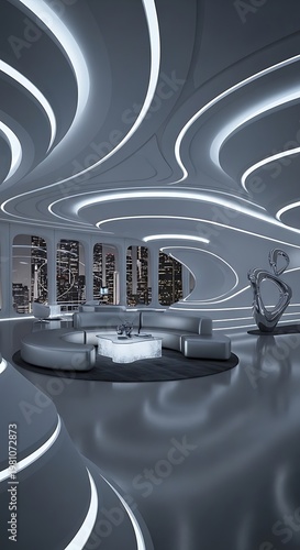 Futuristic Interior Design with Illuminated Ceiling and Modern Decor.