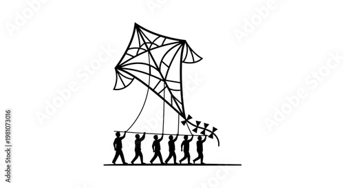 People pulling large kite strings together.