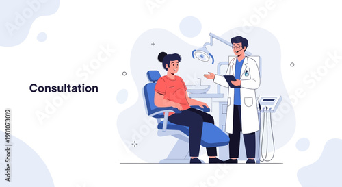 Dentist Consultation: Doctor Explains Treatment to Patient in Dental Chair
