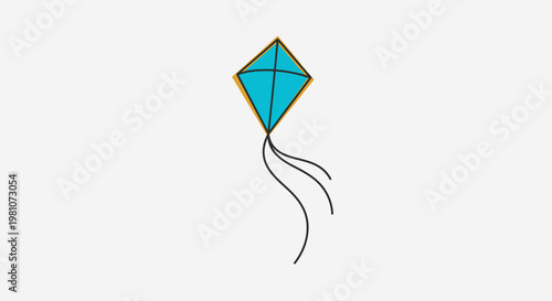 A blue kite with tail flying.