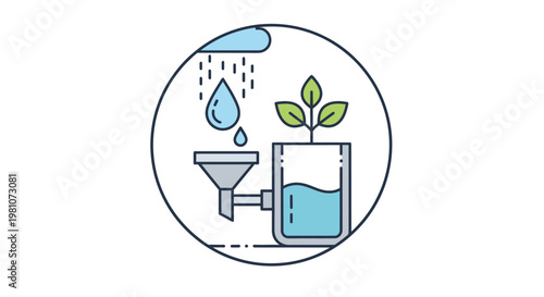 Watering can with plant and droplets.