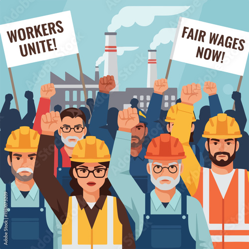 Diverse factory workers striking for fair wages with raised fists and placards