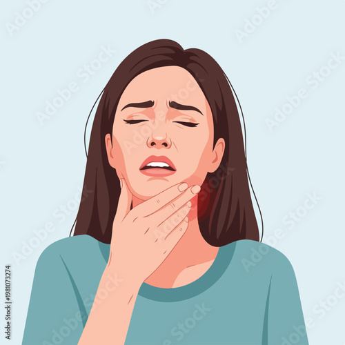 Vector illustration of a woman in intense pain clutching her throat from a cold