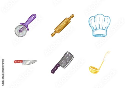 Chef Kitchen Tools and Restaurant Cooking Utensils with Inky Brush Strokes and Crayon Colorful Aesthetic