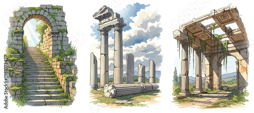 Set of ancient greek and roman ruins with stone columns and arches
