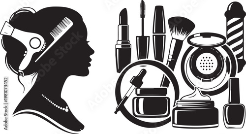 Black silhouette woman with hair rollers and makeup products