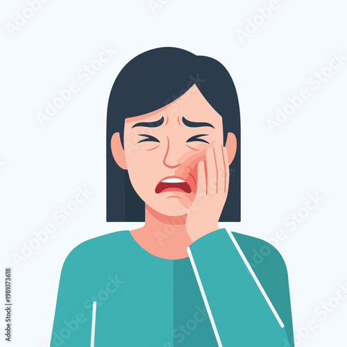 Vector illustration of a woman with toothache holding her swollen pained cheek