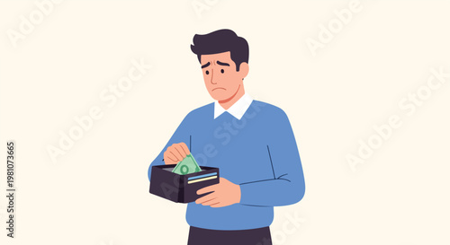 Sad man with a worried expression holding a wallet with only one bill inside