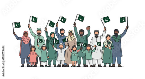 Diverse Pakistani group in traditional clothing celebrating with national flags