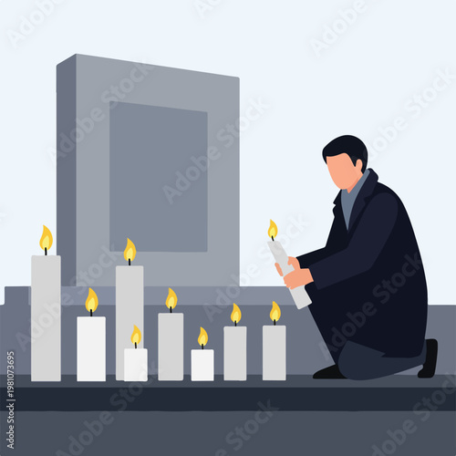 Illustration of a man in a dark coat kneeling at a grave with lit white candles