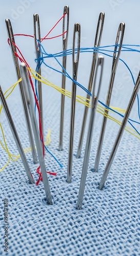 Needles with colorful threads on white fabric, close-up shot.
