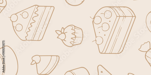 Seamless pattern of various desserts and sweets in a minimalist line art style.
