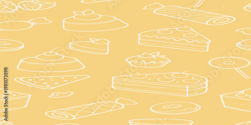 Seamless Pattern of Hand-Drawn Desserts and Pastries on a Yellow Background.