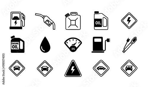 Fuel and gas station icons set with engine oil symbols and transport energy vector collection
