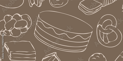 Hand-drawn seamless pattern of various baked goods and pastries on a brown background.
