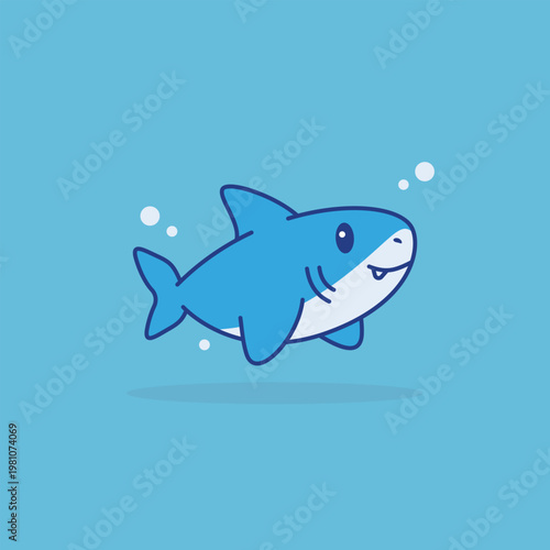 Cute blue shark swims happily in ocean. Small eyes and smiling mouth give friendly vibe. White bubbles float around as shark moves forward. Simple design suits children's books or educational content