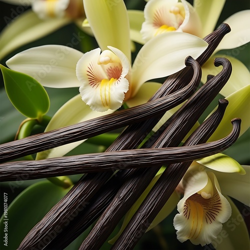 Vanilla beans with vanilla flowers, close up shot, natural background.
