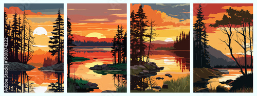 Four beautiful artistic landscape paintings depicting sunset over serene lakes