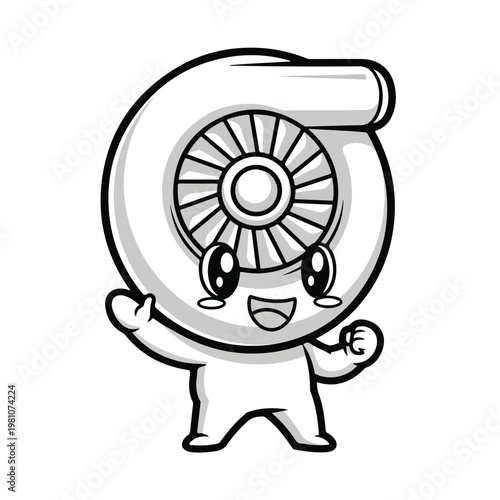 A cheerful cartoon turbo mascot with large eyes and an open mouth, depicted in a simple line art style, joyfully raising its fists in celebration against a clean white background