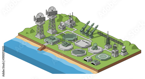 Futuristic Isometric Military Base Vector Illustration with Radar Towers, Missile Launchers, and Coastal Defense Headquarters.