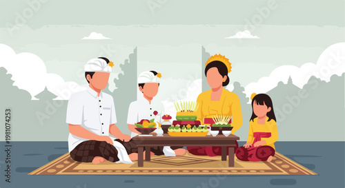 A Balinese family in traditional attire sits on a mat sharing a ceremonial meal