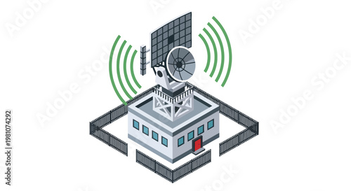 Isometric Military Radar Station and Satellite Communication Tower Illustration with Frequency Signals