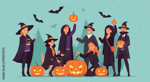 Group of people wearing witch costumes celebrating Halloween with scary pumpkins