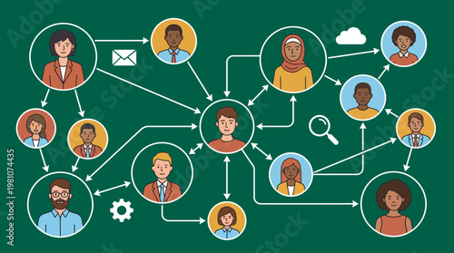 Diverse professional business executives avatars connected by complex network lines and communication icons on green background, concept for networking, global team and corporate recruitment