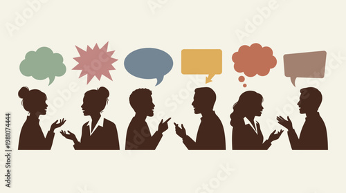 Silhouettes of professional office workers and managers talking with speech bubbles on background, concept for business communication, team networking and corporate brainstorming meeting