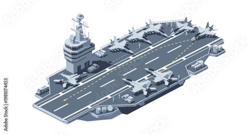 Obraz na płótnie Isometric Vector Illustration of Modern Military Aircraft Carrier with Fighter J