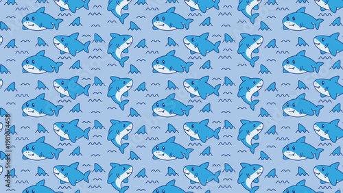 Cute cartoon sharks swim happily in light blue water. Squares wave gently beside them in playful rhythm. Cartoon style gives cheerful, whimsical feel. Great for children's books, educational materials