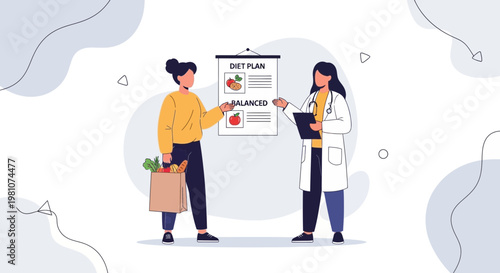 Nutritionist consults patient on balanced diet plan with groceries