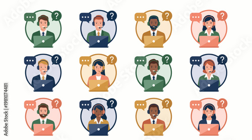 Diverse professional call center agents and technical support consultants working with laptops and headsets, concept for customer service help, online business assistance and telemarketing