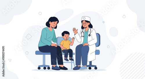 Doctor with stethoscope greets mother and child in clinic waiting room