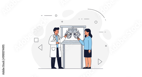 Optometrist examines patient's eyes with phoropter at ophthalmology clinic