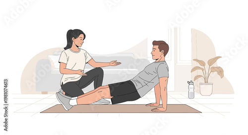 Physical therapist assisting man with rehabilitation exercise on mat