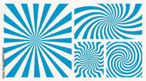 Collection of four blue and white sunburst radial backgrounds with spiral rays and wavy lines on light background, concept for comic book backdrop, promotional flyer and graphic design elements