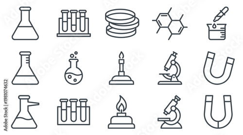 Collection of laboratory science equipment line icons including flasks, test tubes, microscope and chemical formulas on white background, concept for education, research and biotechnology
