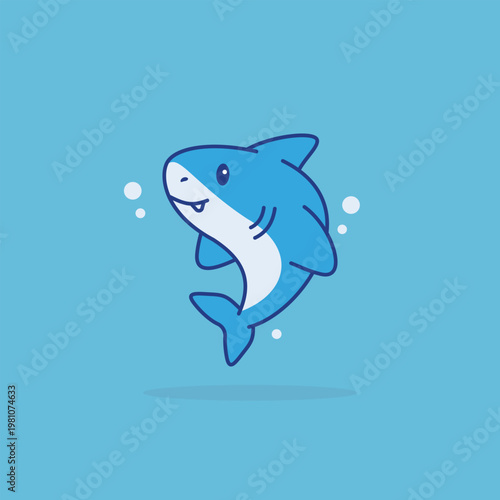 Cute cartoon shark swims happily in ocean waters. Light blue background shows playful, friendly creature. White bubbles float around as shark moves upward. Simple, clean design appeals to children