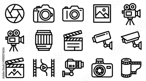 Collection of photography and videography outline icons including camera lens and movie clapperboard, concept for multimedia production, digital photography and security surveillance branding