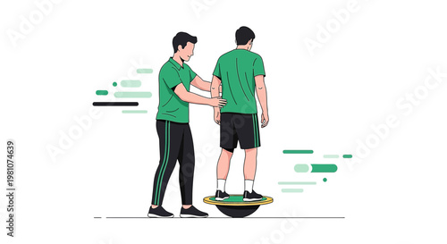 Physical therapist assisting patient on balance board for rehabilitation and balance training